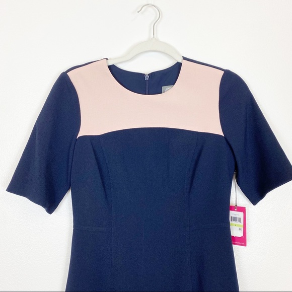 Vince Camuto Crepe Elbow Sleeve Color Block Navy and Pink Dress - Picture 3 of 12